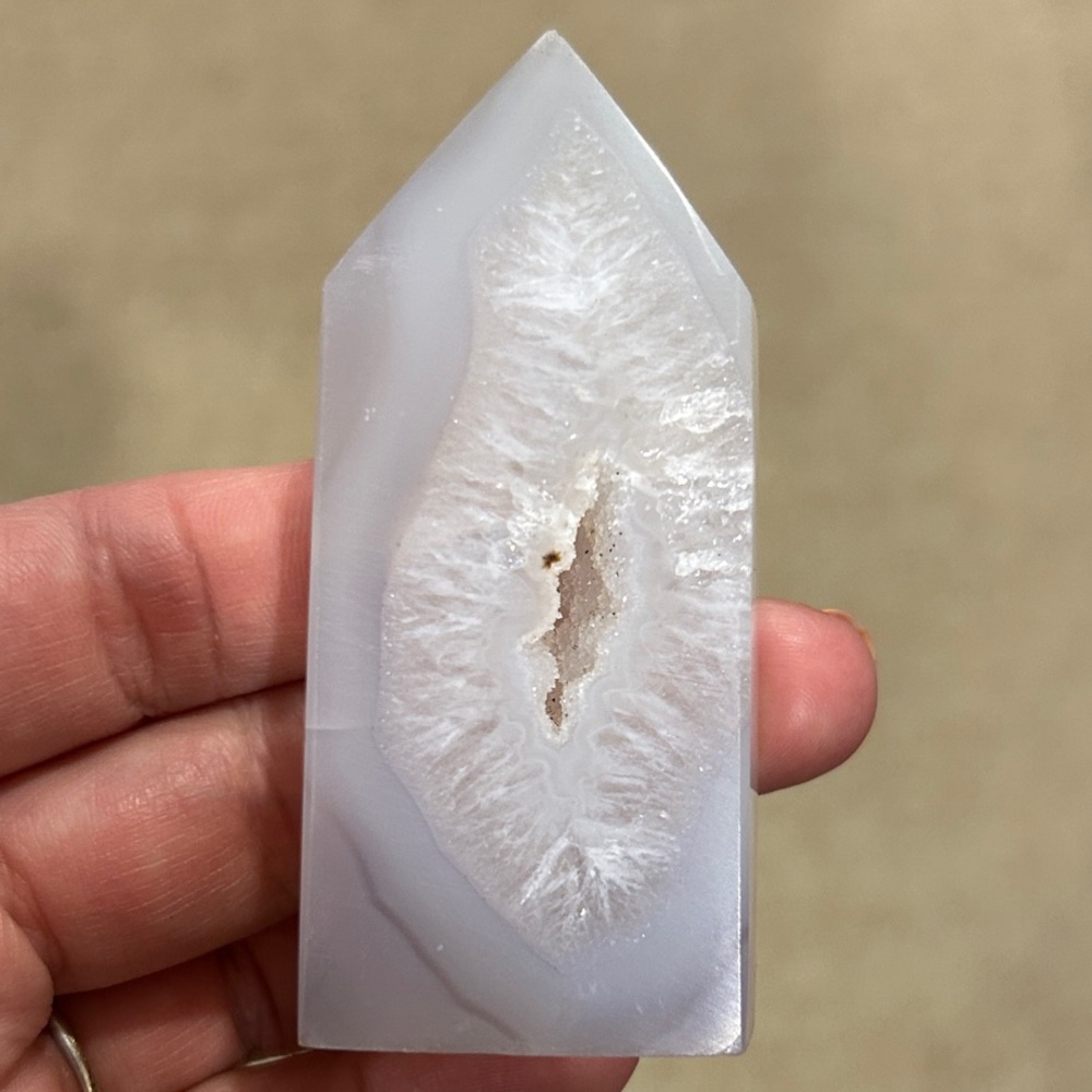 Polished White/Gray Agate Point with Druzy Center